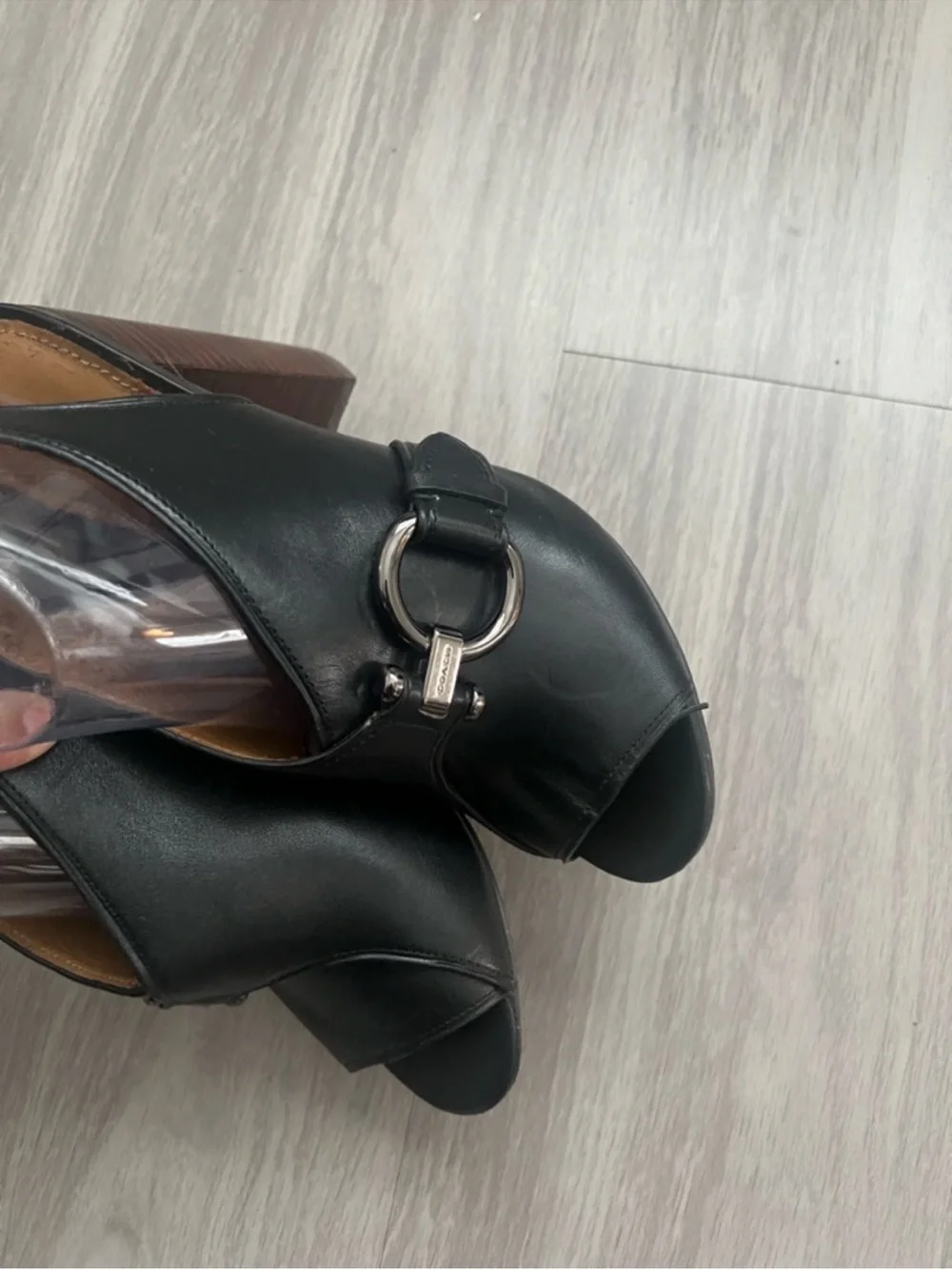 Coach Black Leather Horsebit Peep Toe Block Heel Slingback Sandals Women’s 9.5